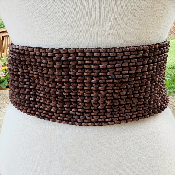 Belgo Lux Extra Wide Leather & Wooden Beaded Stretch Belt S - Picture 4 of 5